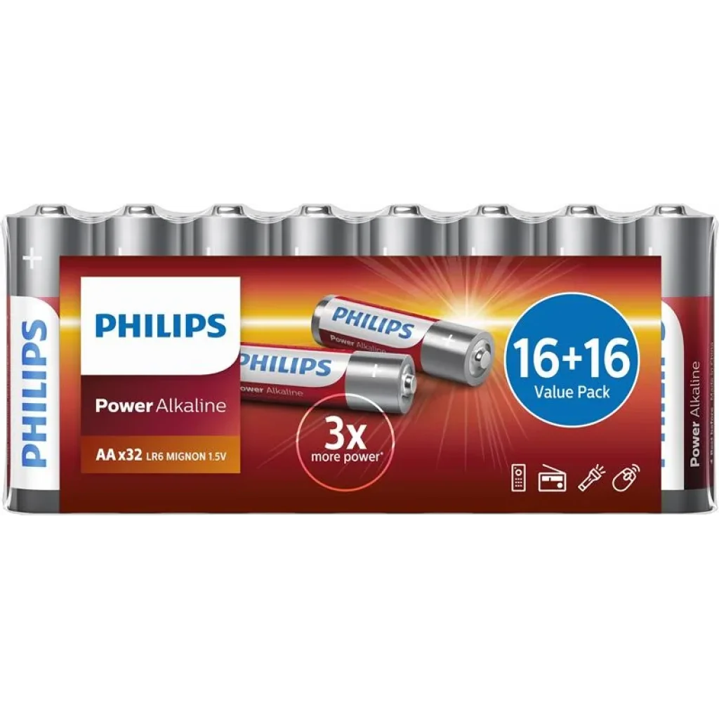 Батарейка Philips Power Alkaline AA лужна. плівка, 32 ш, LR6P32FV/10 UA